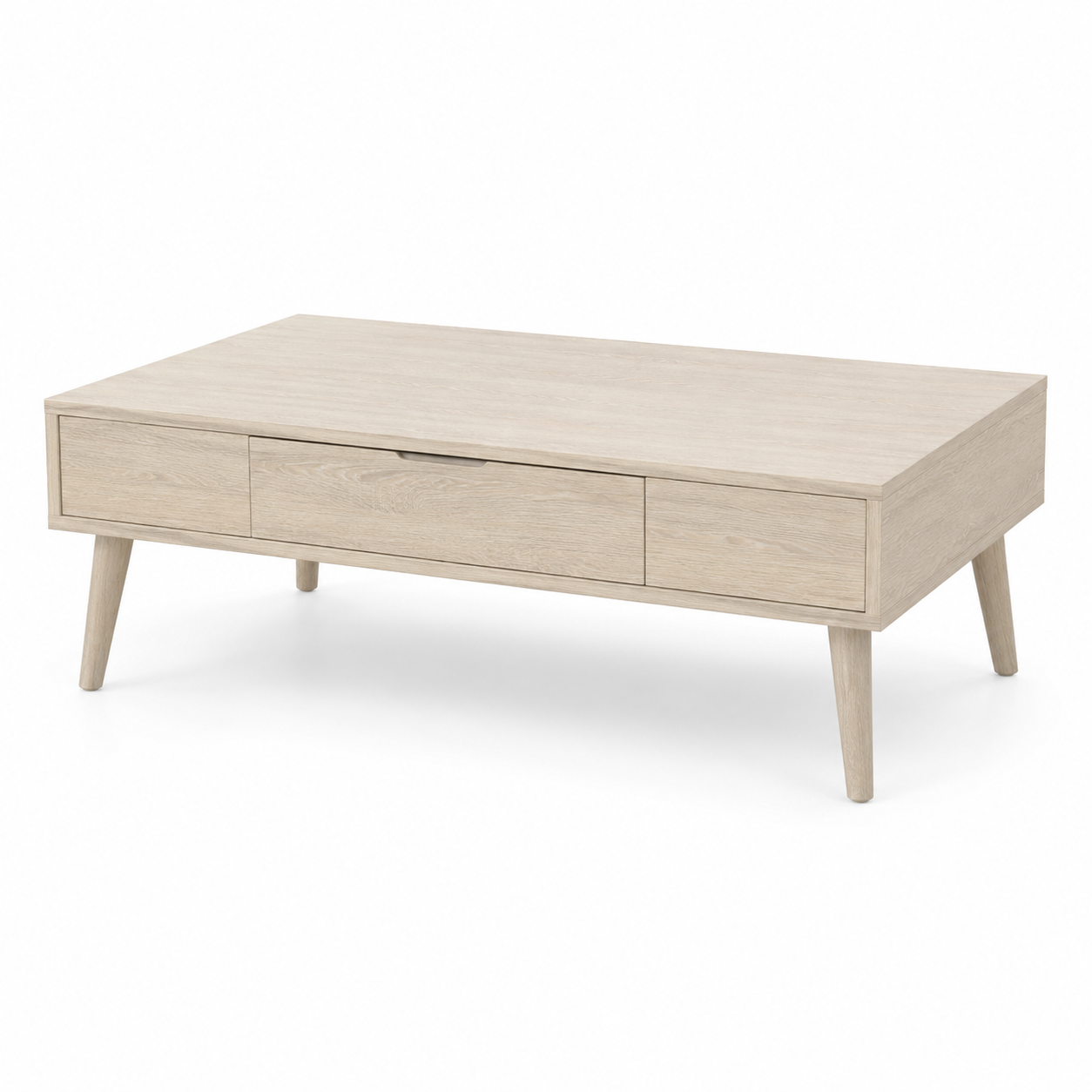 Skandinavischer Couchtisch in weißpigmentierter Eiche mit Schublade 100 x 60 x 41 cm