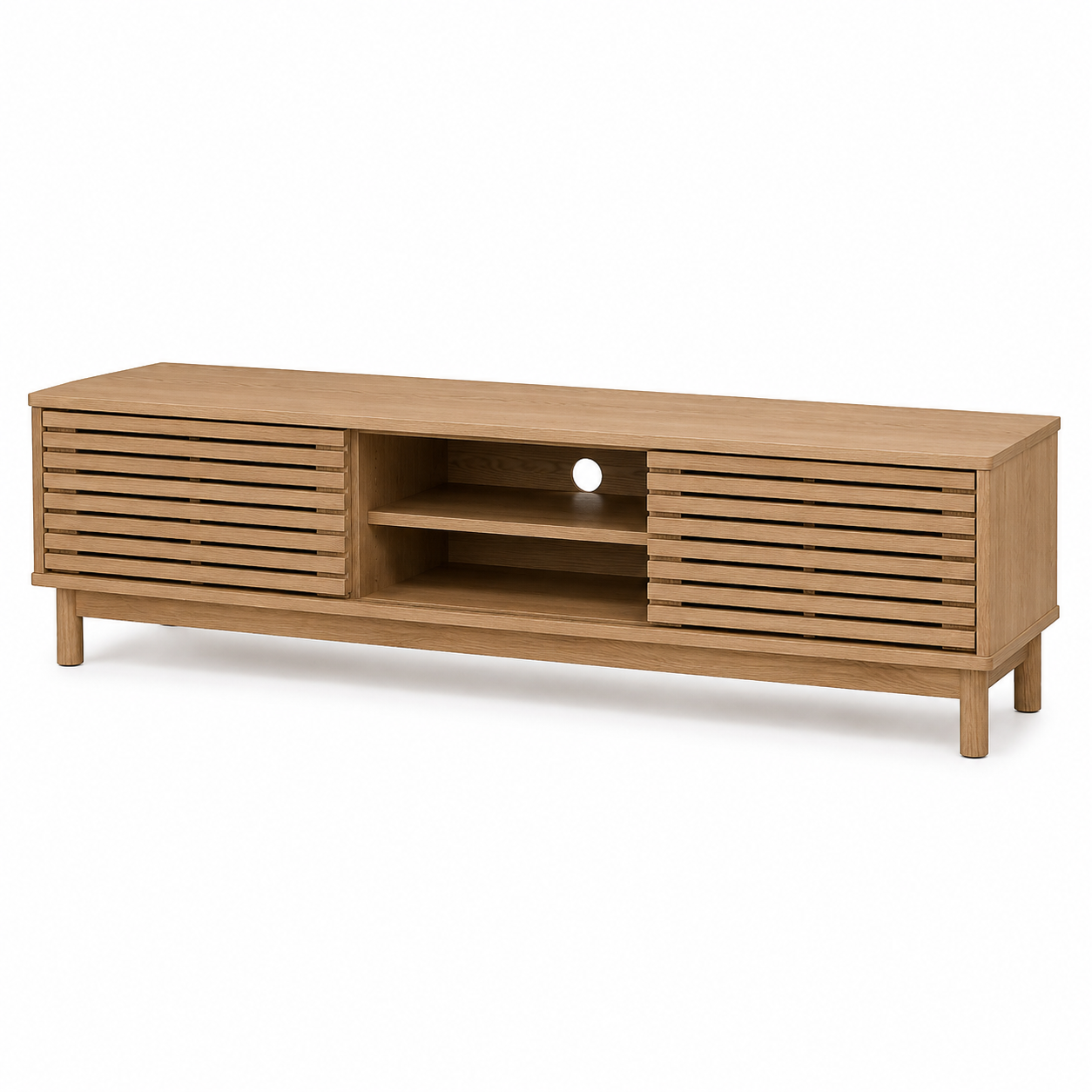 Japandi TV-Lowboard in Eiche Natur mit Lamellenfront und Kabeldurchlass 160 x 40 x 52 cm-VellureCasa