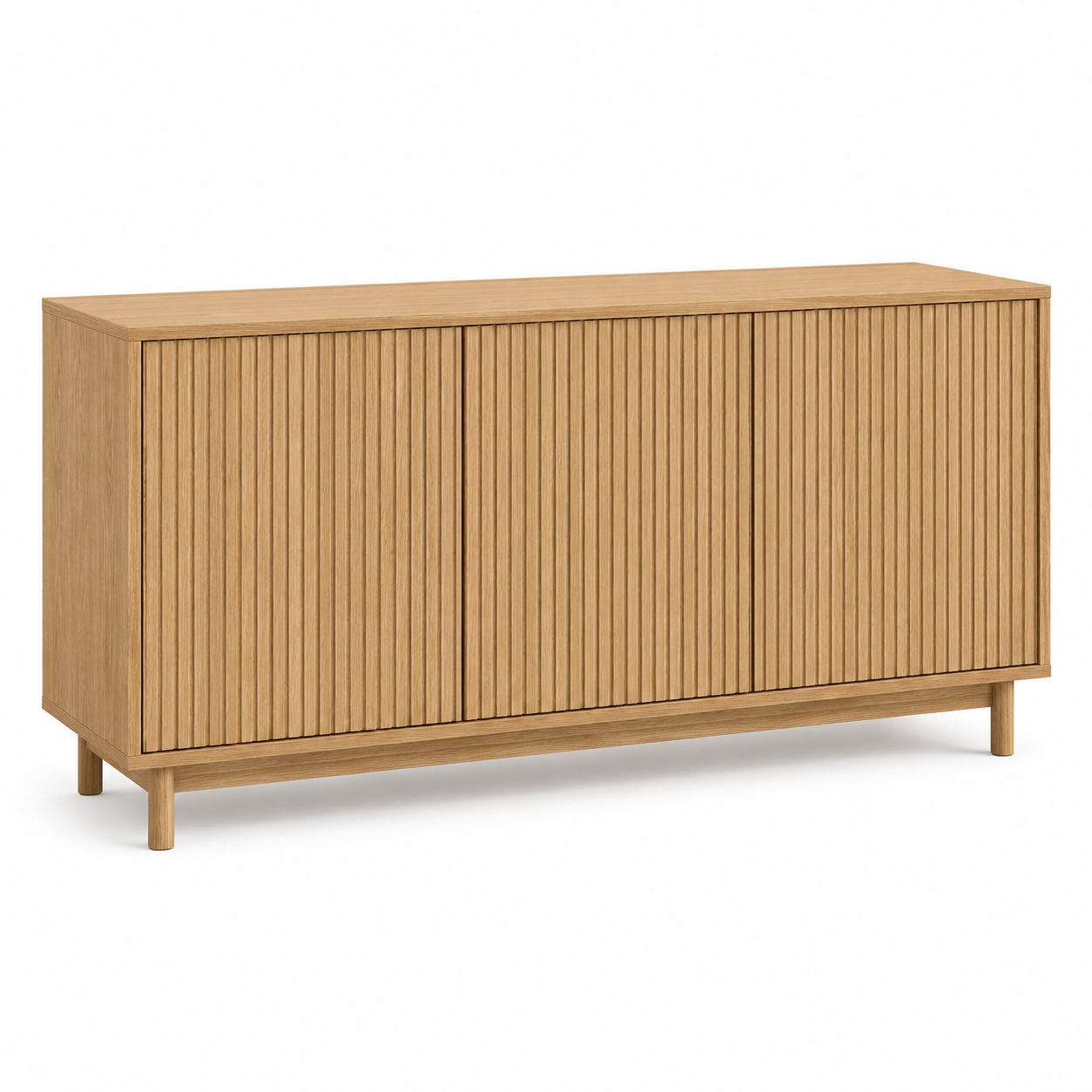 Japandi Sideboard in Eiche Natur mit Lamellenfront und drei Türen 160 x 42 x 78 cm-VellureCasa