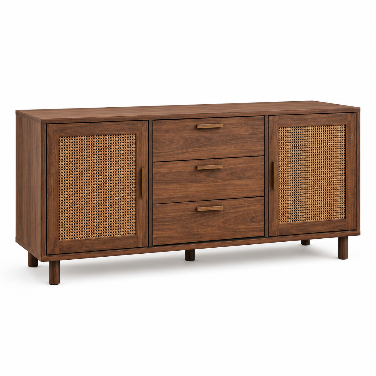 Sideboard in Nussbaumoptik mit Wiener-Geflecht Türen 150 x 40 x 78 cm-VellureCasa
