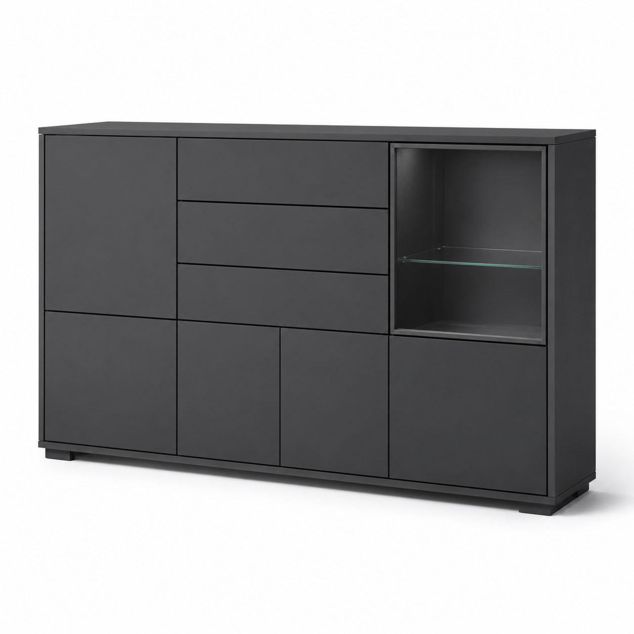 Modernes Sideboard in Anthrazit mit Glasvitrine und Innenboden 160 x 42 x 92 cm-VellureCasa
