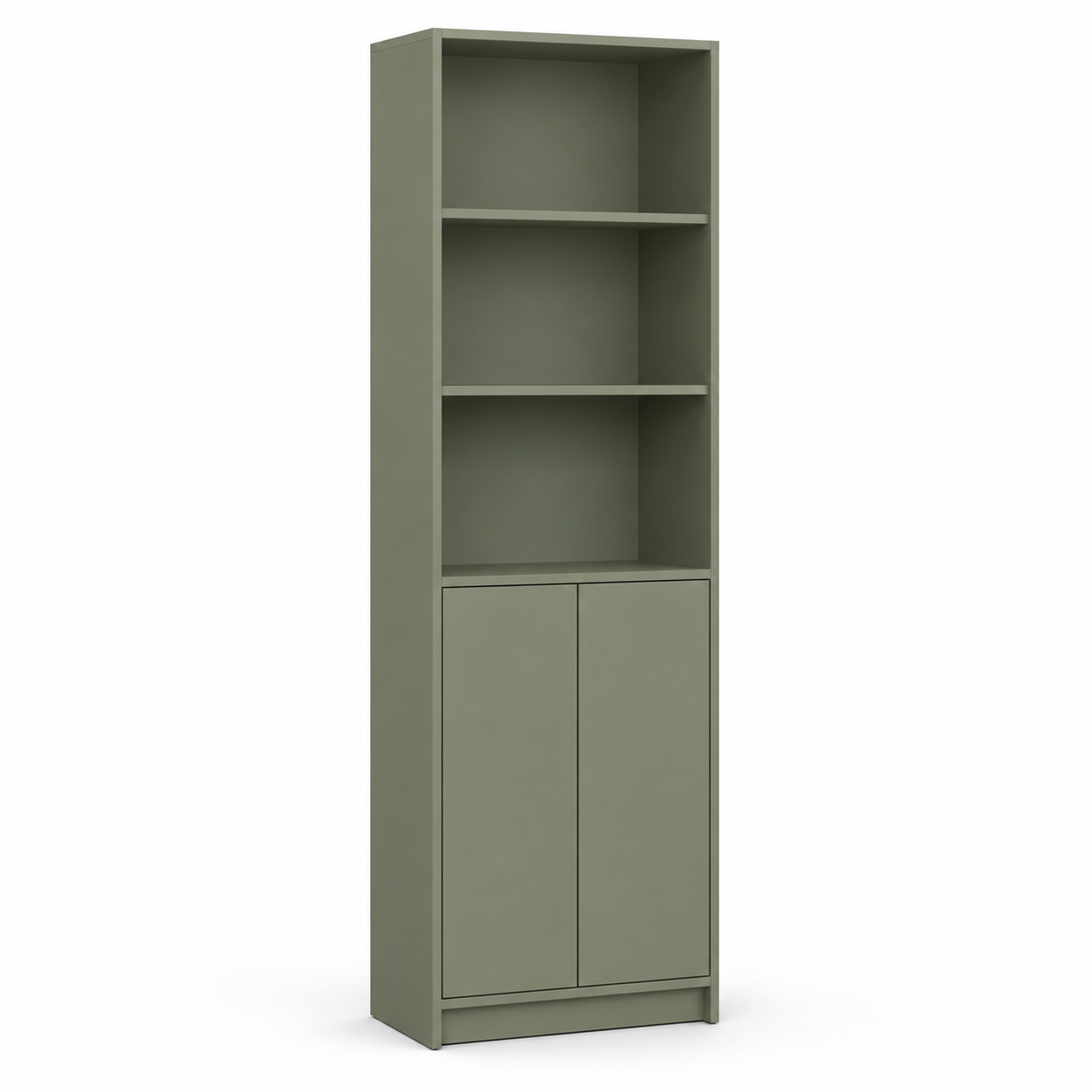 Schmales Bücherregal in Salbeigrün Matt mit Türen im unteren Bereich 60 x 35 x 190 cm-VellureCasa