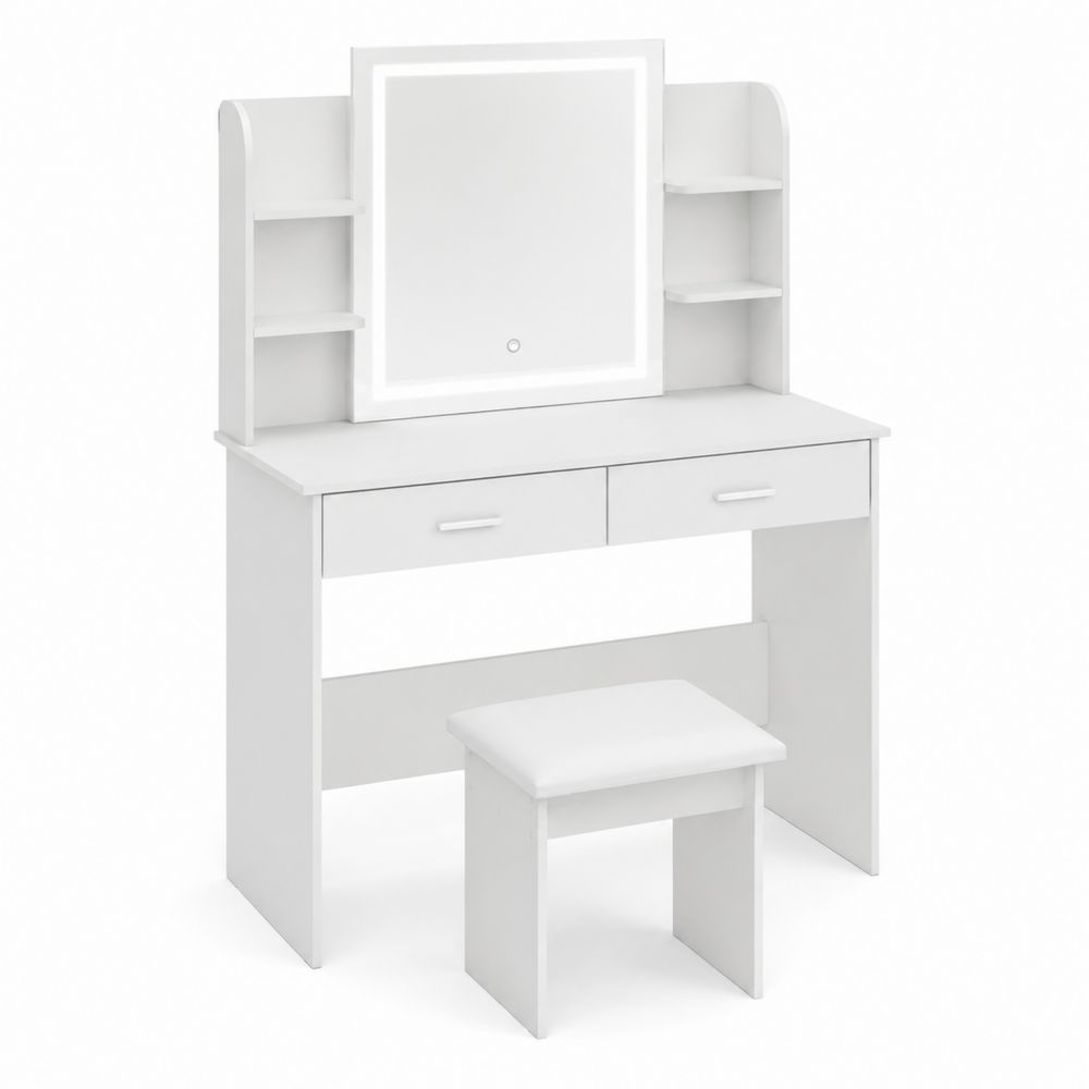 Toaletka z Lustrem LED Szuflady Półki Drewno Biały 100x40x136 cm-Nordirin