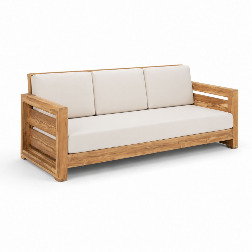 Sofa drewniana z akacji z beżowymi poduszkami 200 cm-Nordirin