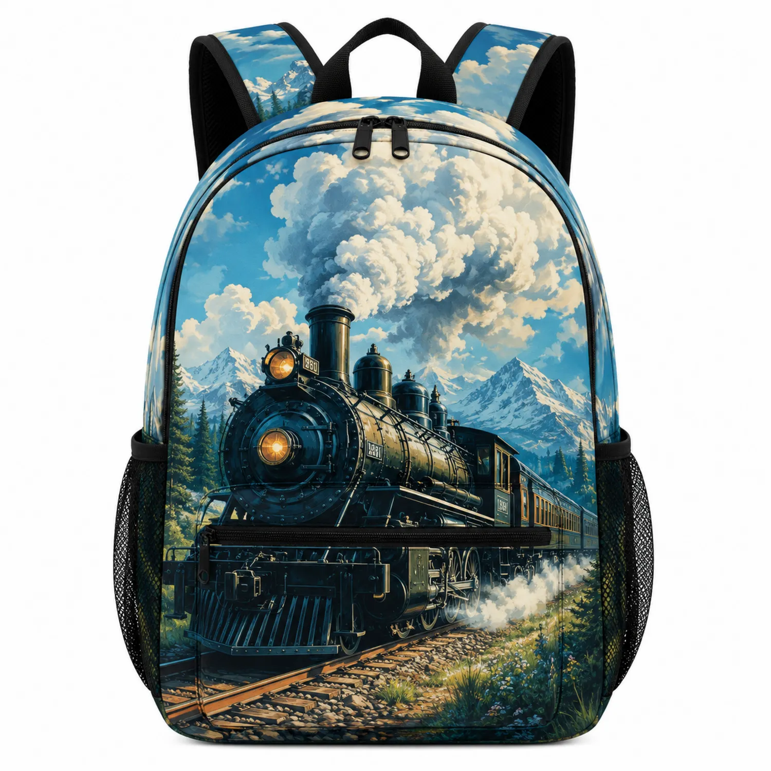 Niebieski plecak szkolny z motywem parowozu