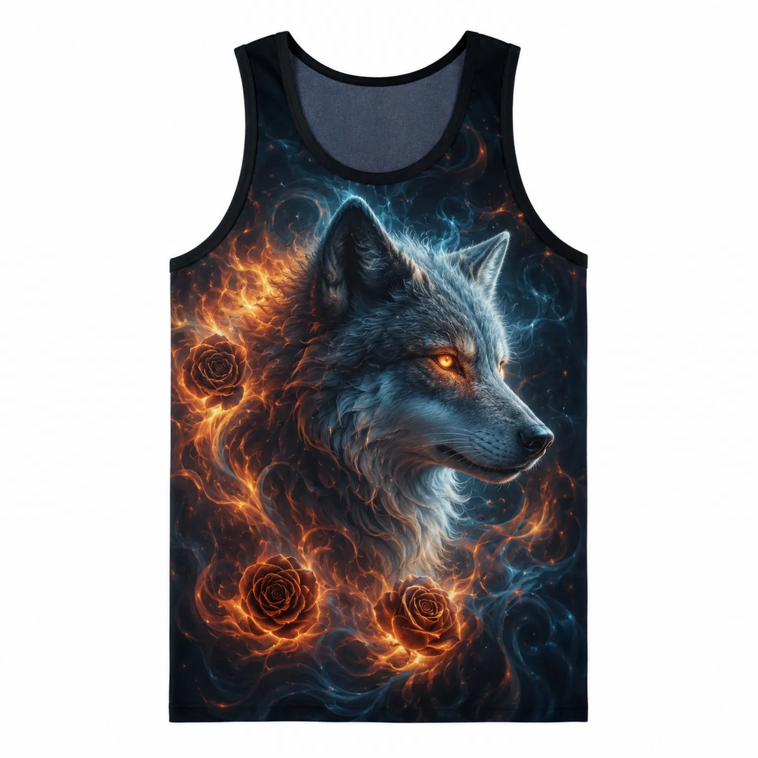 Męski tank top z wilkiem i ognistymi detalami