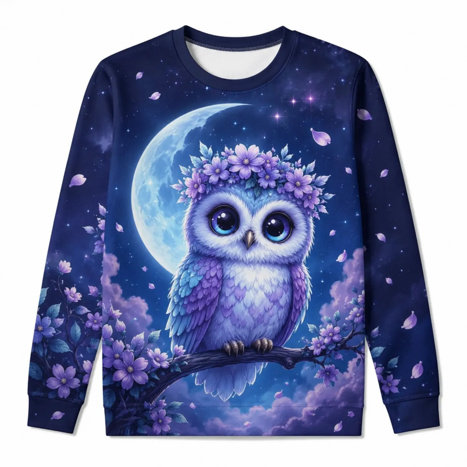 Bluza damska z nadrukiem sowy i księżyca, fioletowo-niebieska