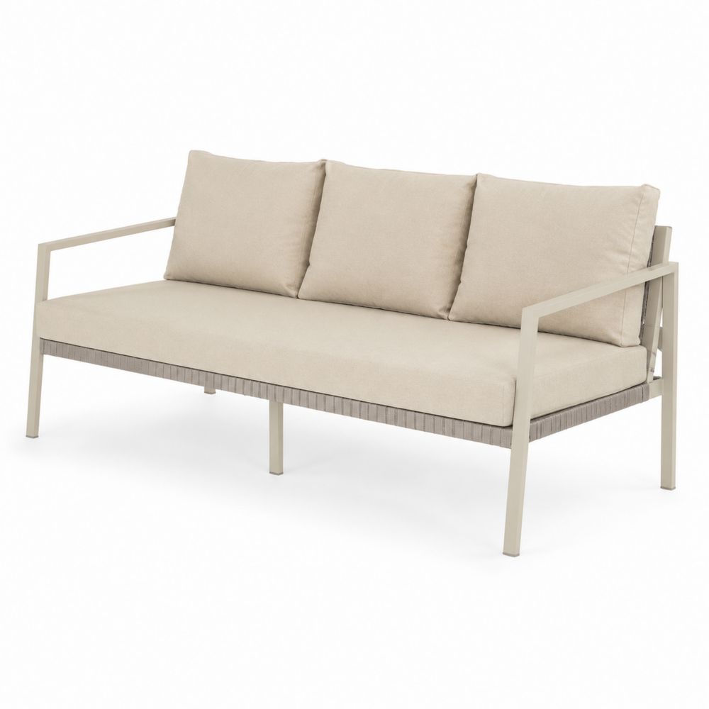 Sofa aluminiowa trzyosobowa z beżowymi poduszkami