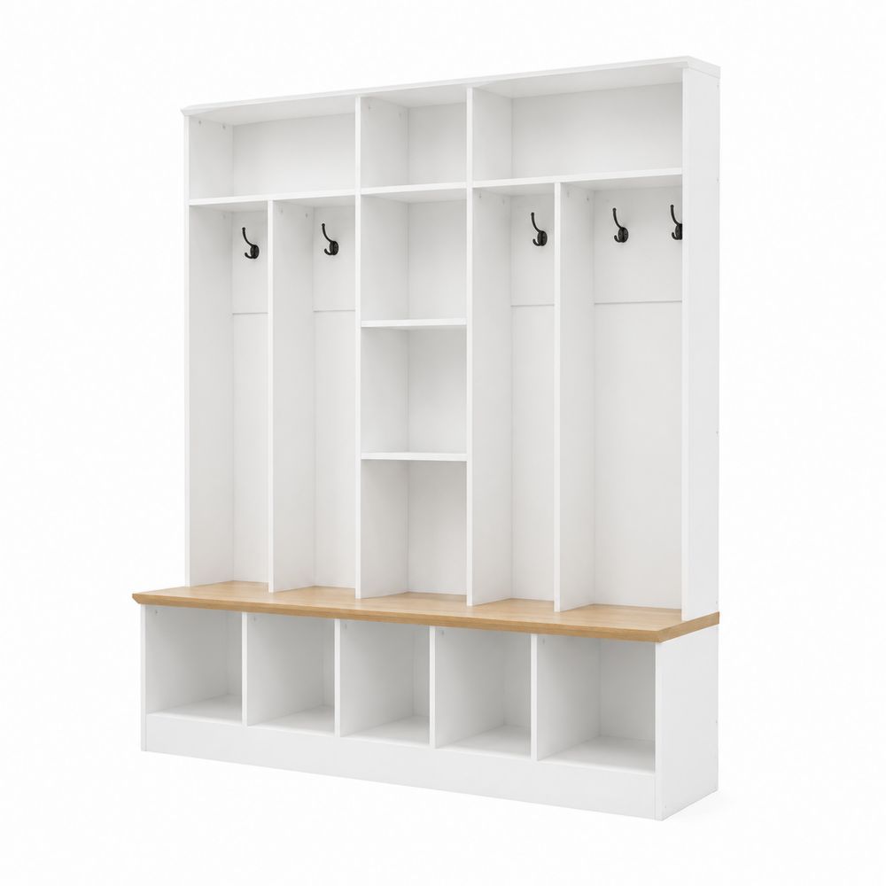 Garderobenwand aus Holz mit Regal und Sitzbank