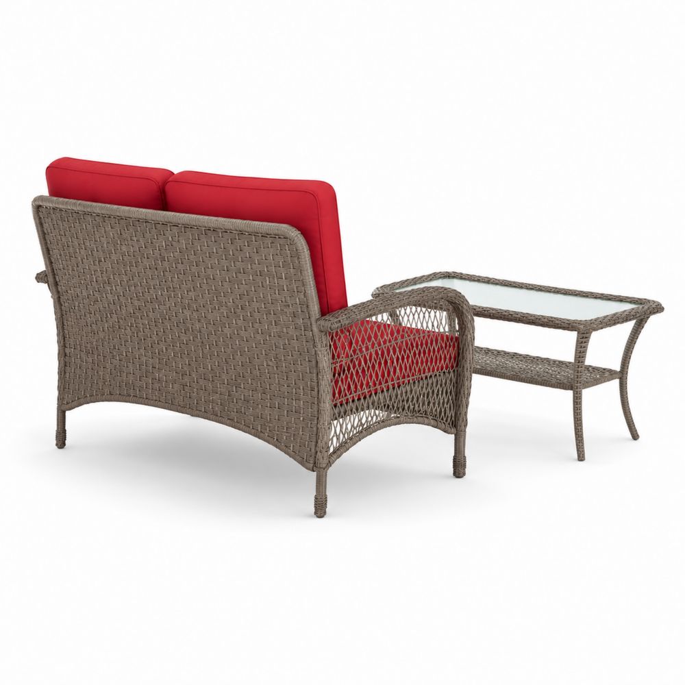 Garten-Lounge-Set aus Polyrattan mit Zweiersofa und Tisch, Grau/Rot