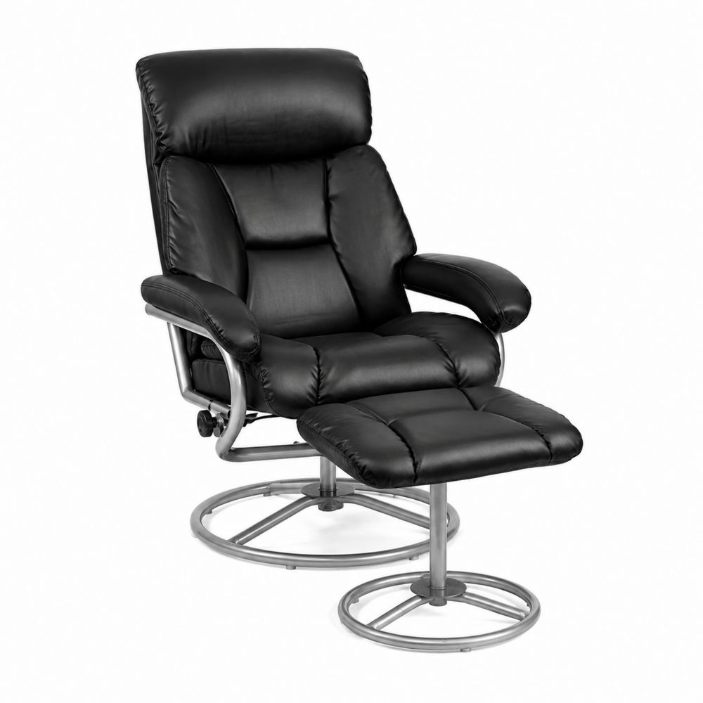 Schwarzer Leder-Relaxsessel mit Hocker und Stahlgestell
