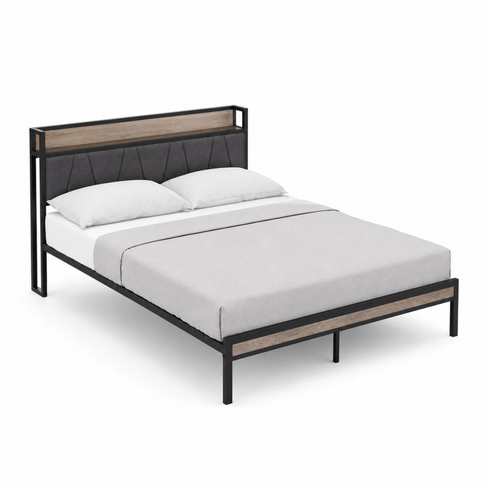 Metallbett mit Holz-Kopfteil und Textilpolsterung 200x160cm Schwarz/Grau