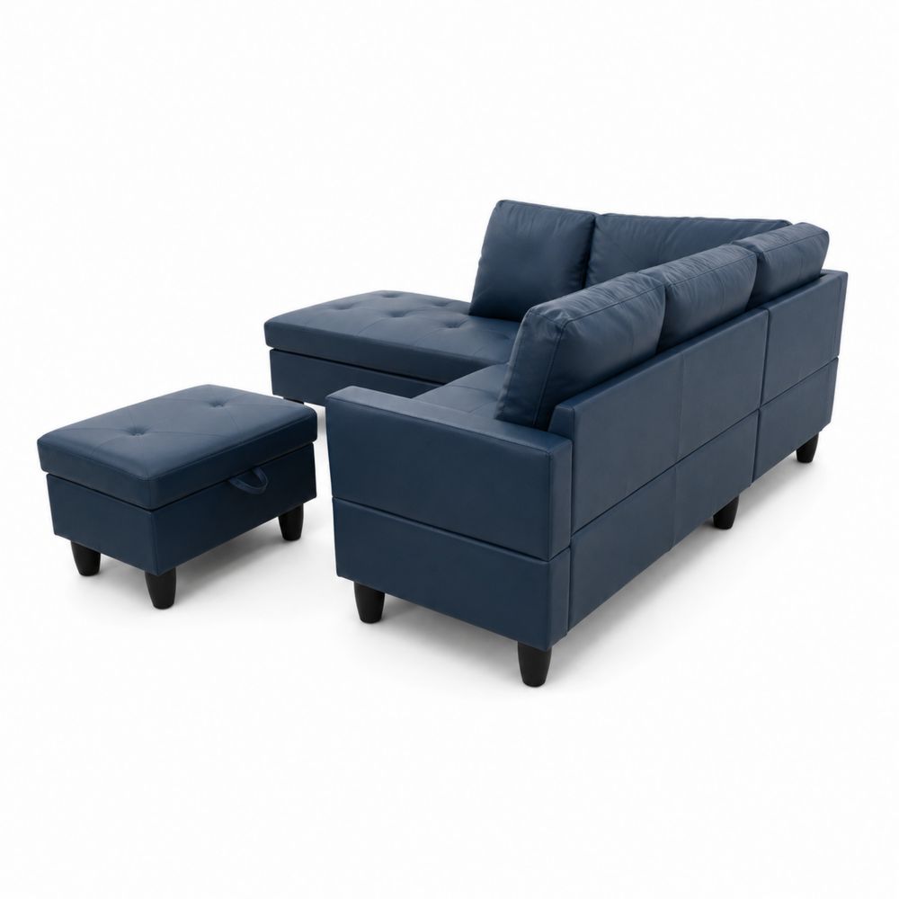 Modulares Sofa L-Form Kunstleder Blau mit Hocker