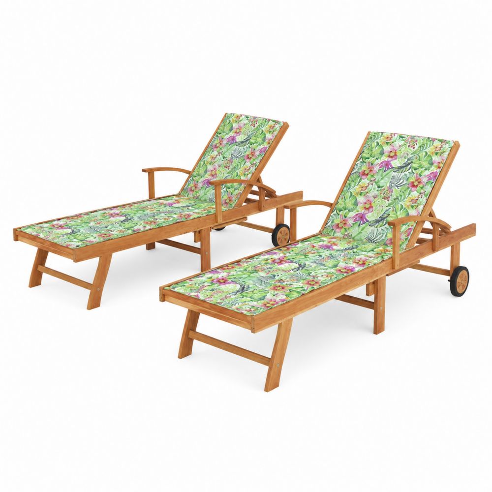 Akazienholz Garten-Liegestuhl-Set mit verstellbarer Rückenlehne und floralem Muster, 200 cm x 70 cm