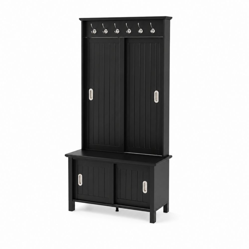 Schwarzer Holz-Garderobenschrank mit Metallhaken