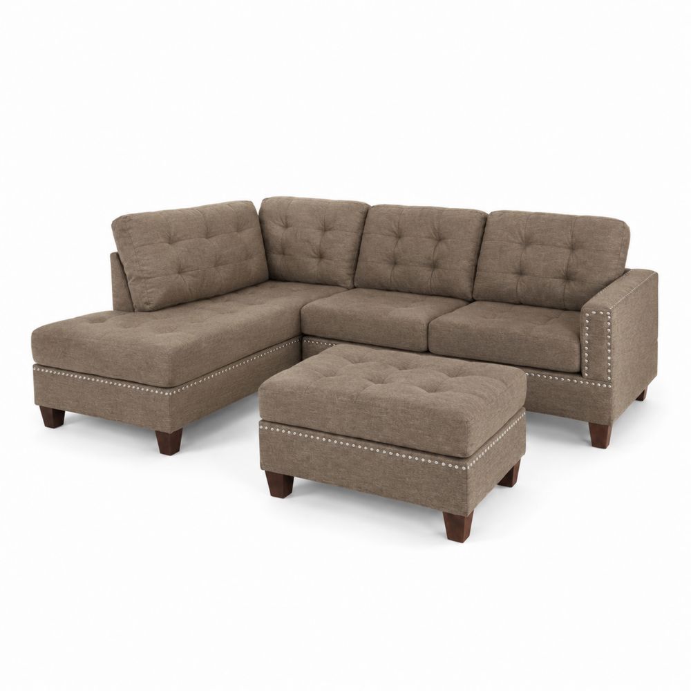 Ecksofa Set mit Ottomane Leinen Braun