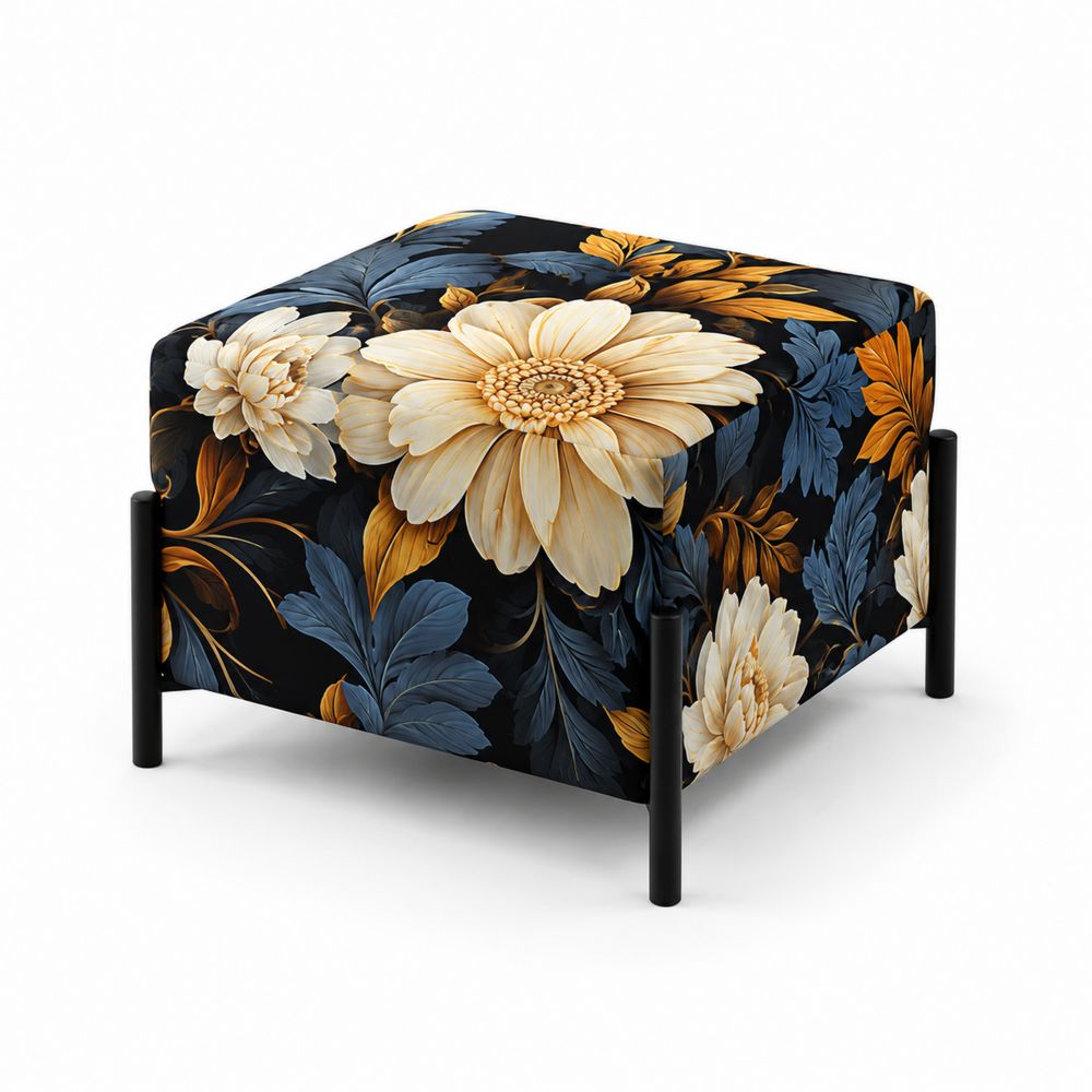 Hocker quadratisch 45x45x45 cm Polyester Blumenmuster Schwarz/Beige/Blau