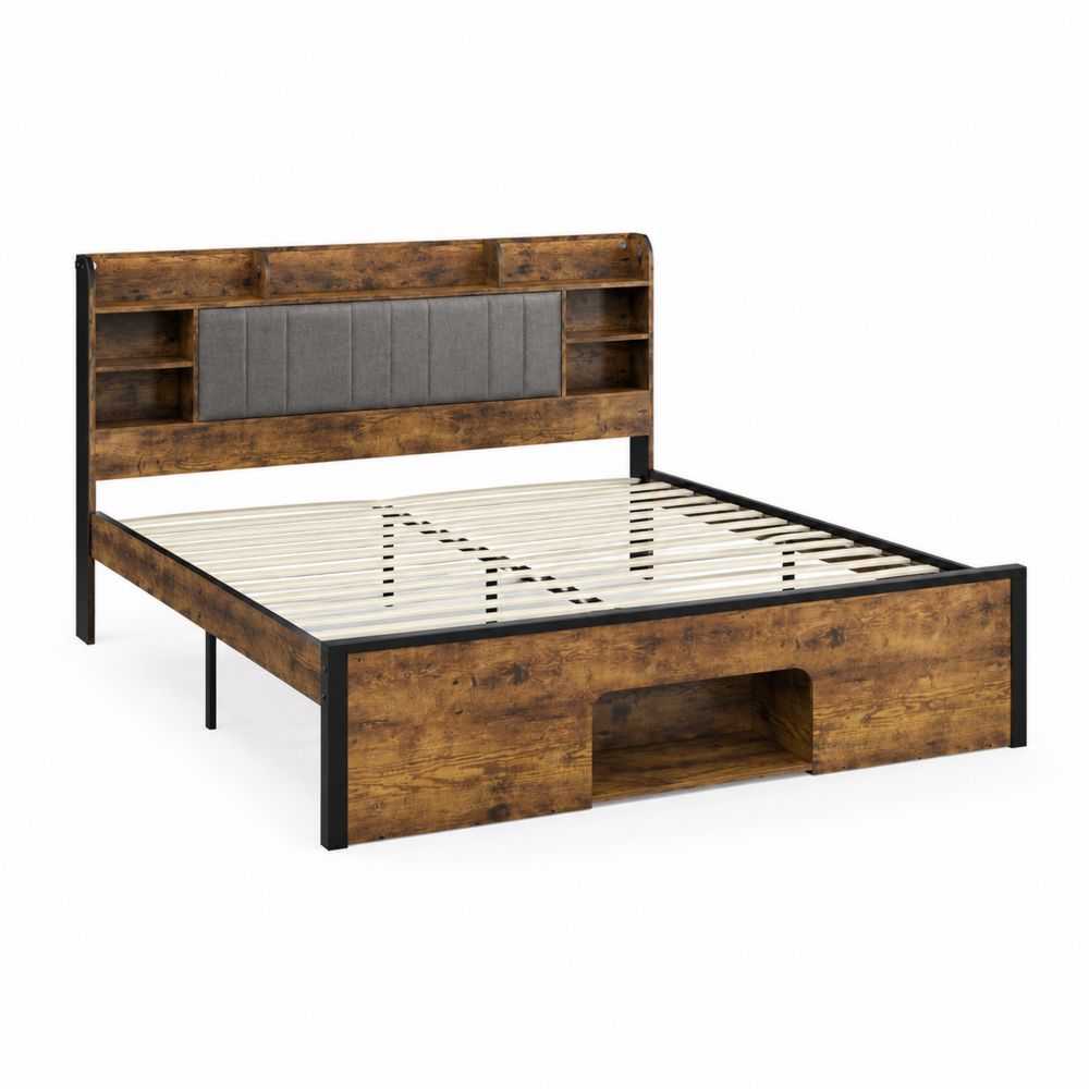 Holzbett mit Stauraum und Stoffpolsterung, 200x140 cm, Braun/Schwarz