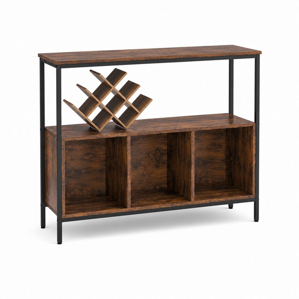 Sideboard mit 3 offenen Fächern und Weinregal in Holzoptik und Metall