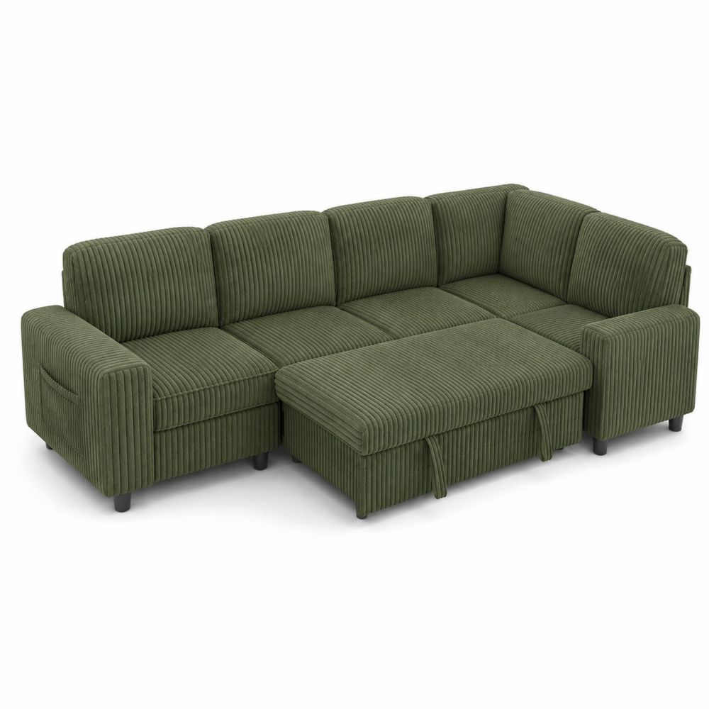 Ecksofa aus Kord mit Stauraum in Grün 250x150x85cm