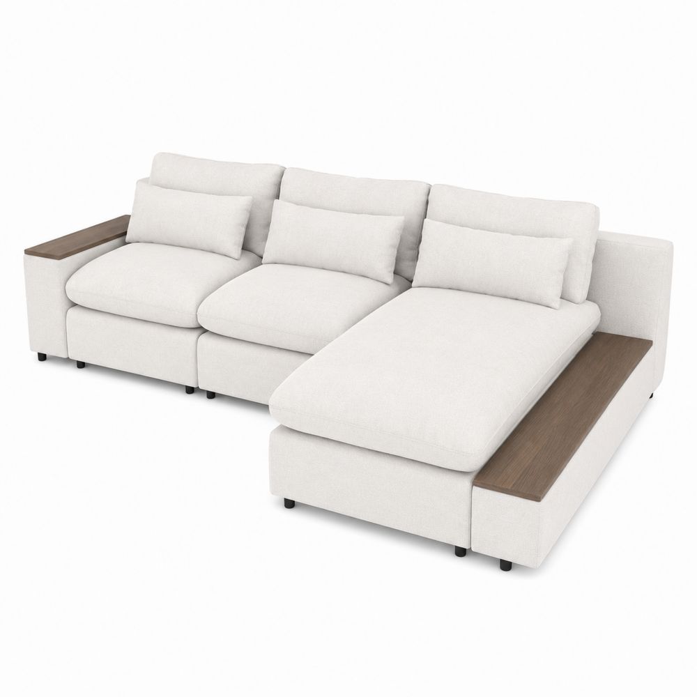 Modulares L-förmiges Sofa Holz und Stoff Cremeweiß