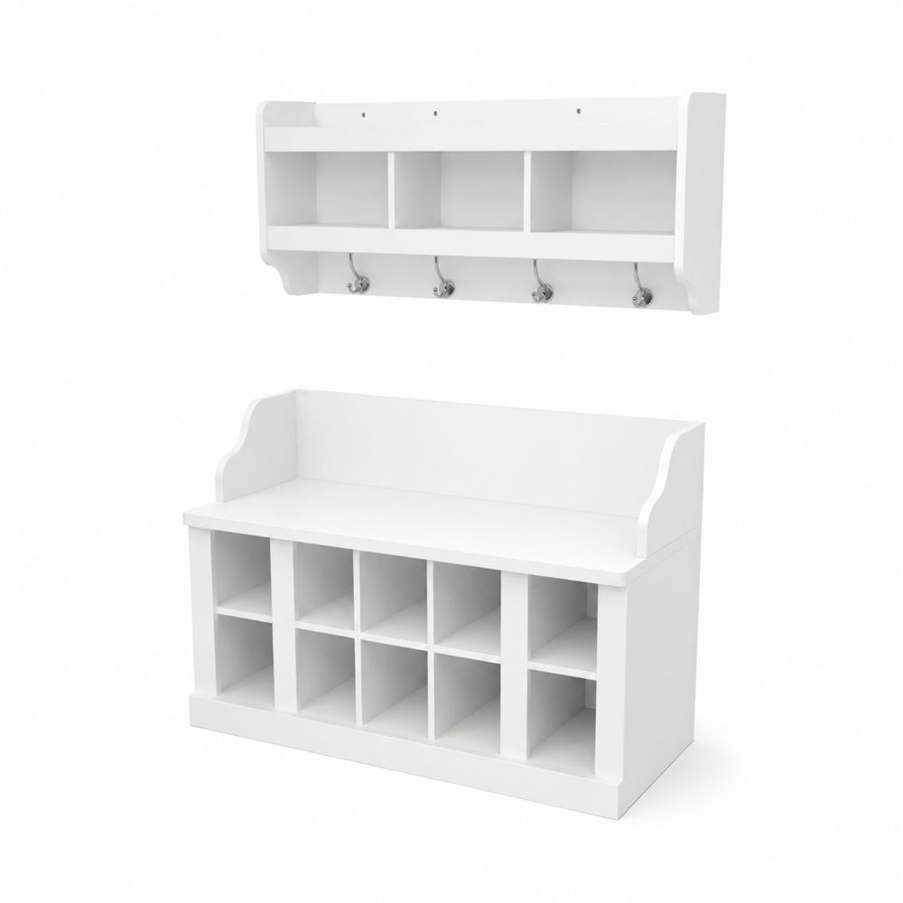 Garderobenkombination mit Schuhbank und Hängeregal Weiß MDF