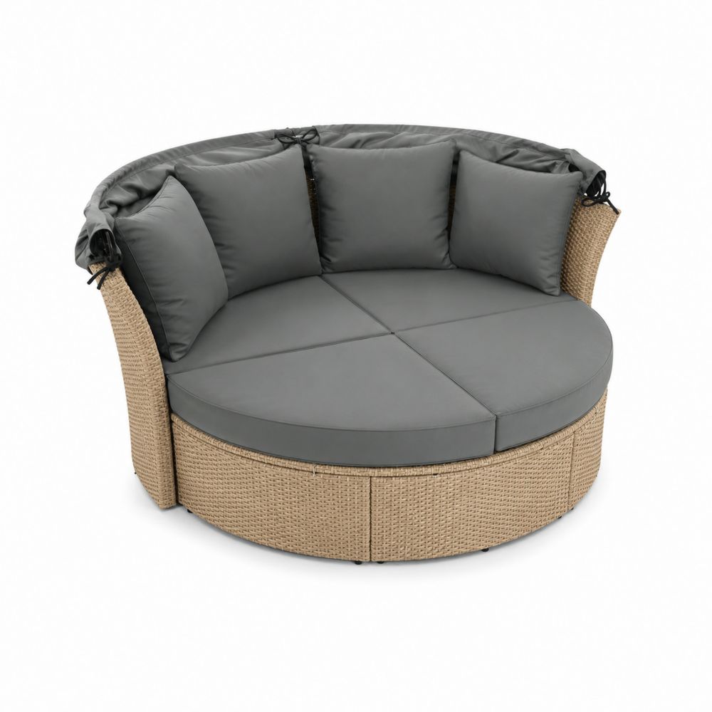 Rundes Rattan-Gartensofa Grau mit Kissen
