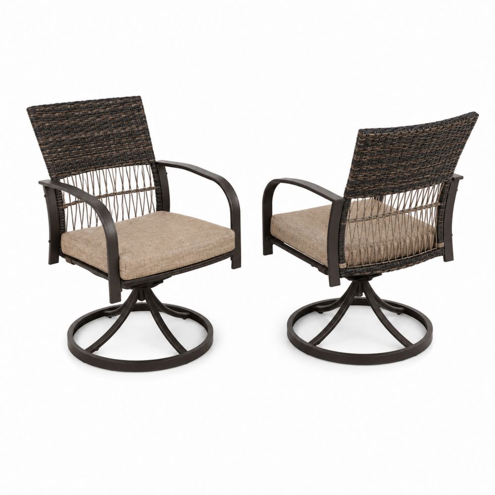 2-teilige drehbare Esszimmerstühle aus Aluminium und Rattan mit Kissen, Braun/Beige