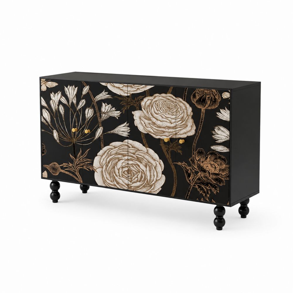 Sideboard mit Blumendesign MDF Schwarz
