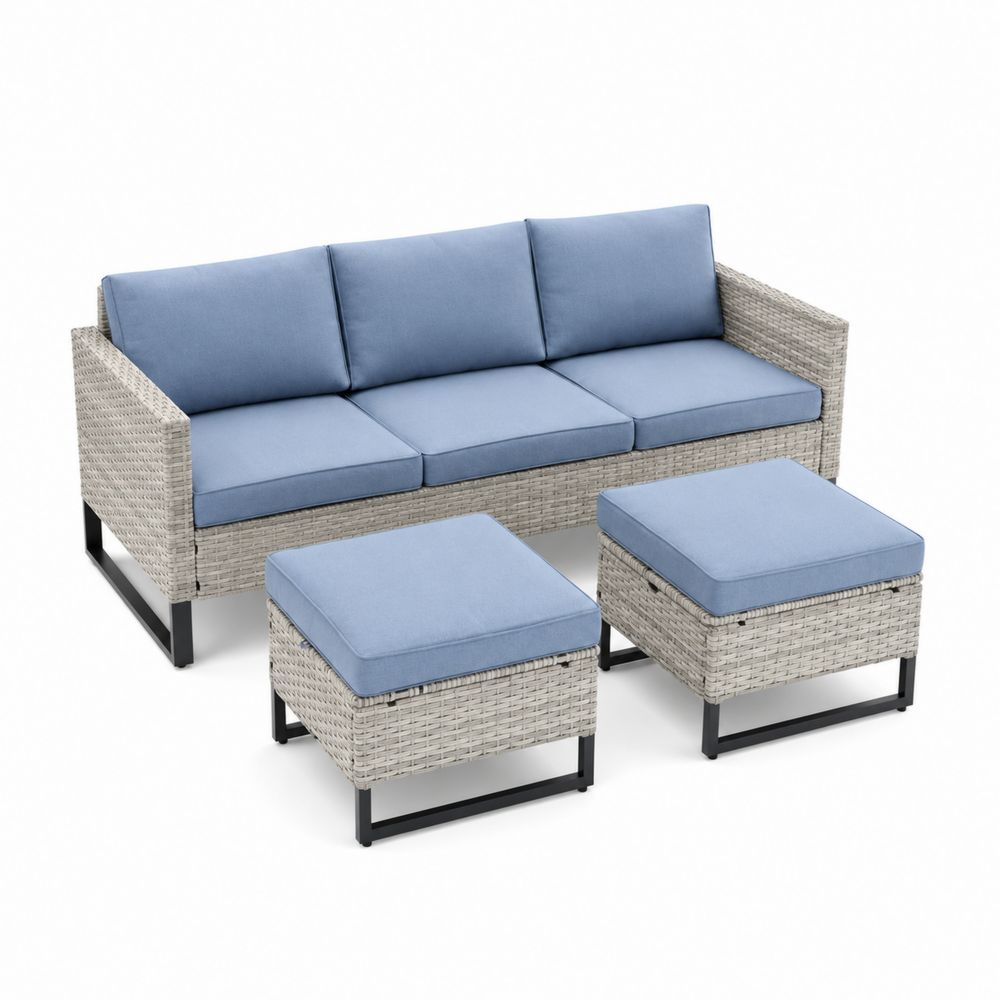 Gartensofa-Set aus Rattan und Aluminium mit blauen Kissen