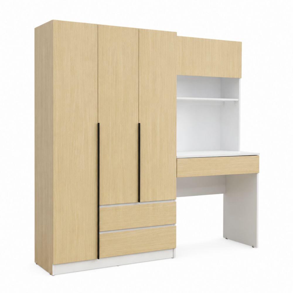 Kleiderschrank mit Schreibtisch und Regalen aus Holzwerkstoff in Eichenoptik, 200x180x60 cm