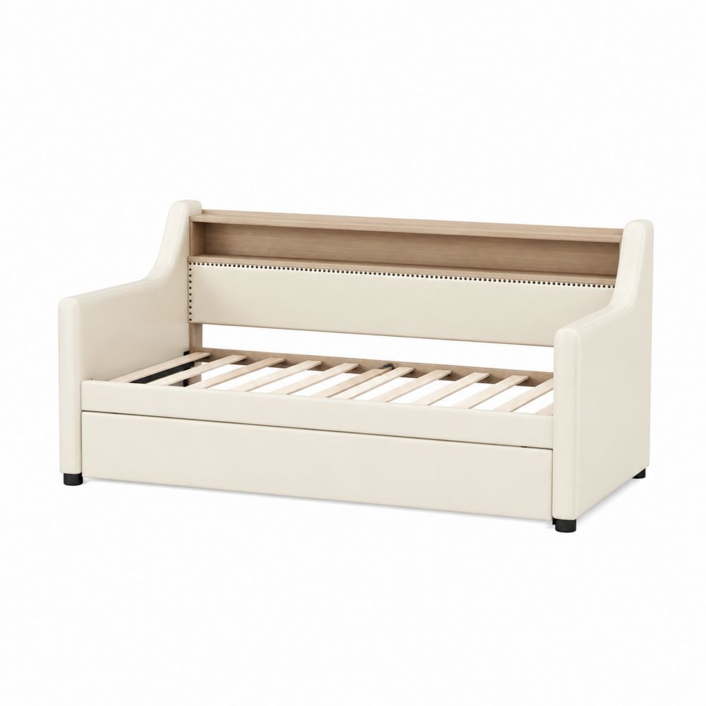 Tagesbett mit Holz und Kunstleder 90x200 cm Beige
