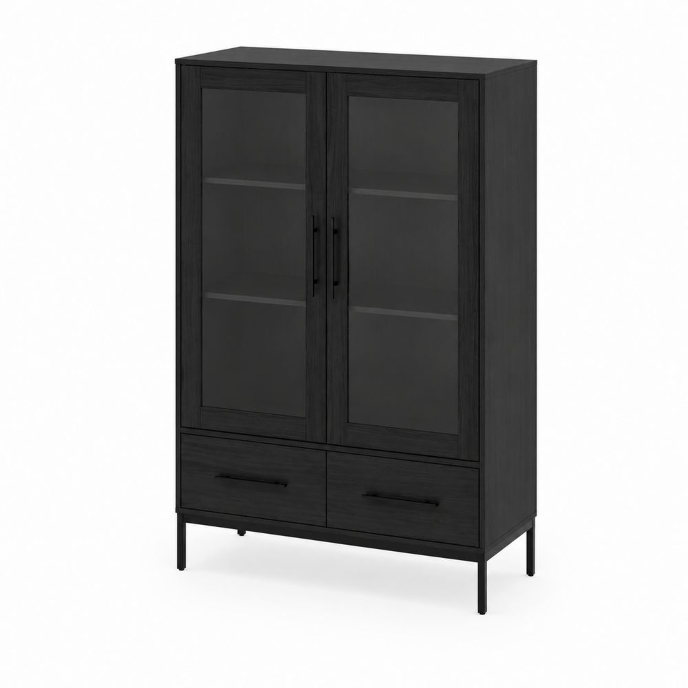 Schwarzer Holzschrank mit Glastüren und Metallbeinen, 180x80x40 cm