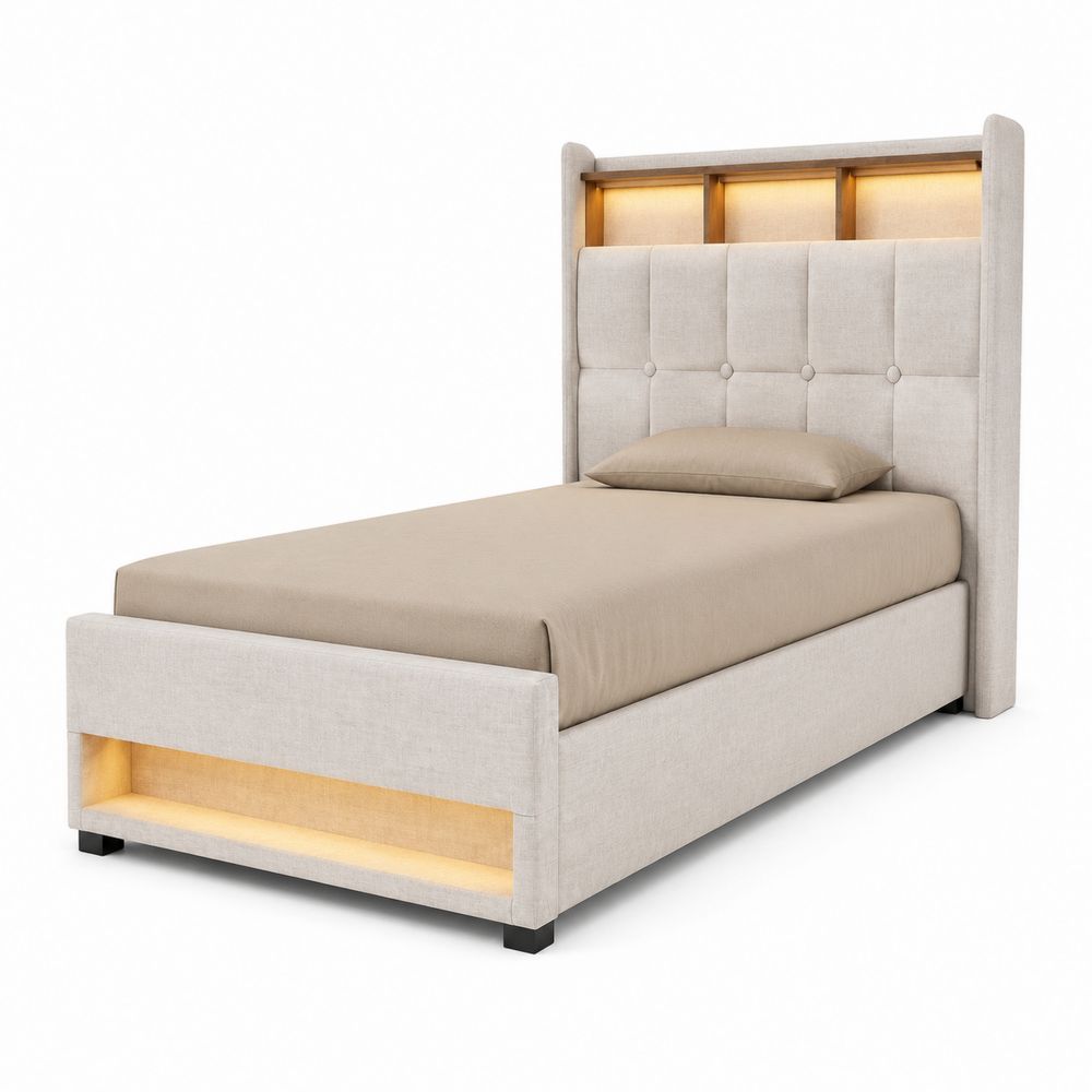 Einzelbett mit Stauraum Textil Beige 200x100 cm