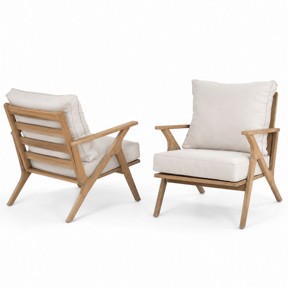 2er-Set Clubsessel aus Teakholz mit Polyesterkissen Beige