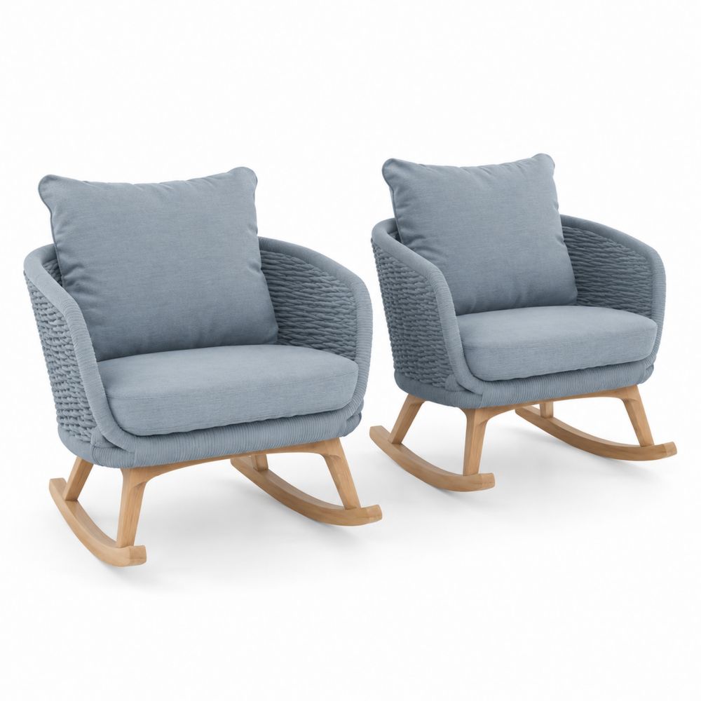 2er Set Schaukelstühle mit Holzrahmen und Stoff in Blau