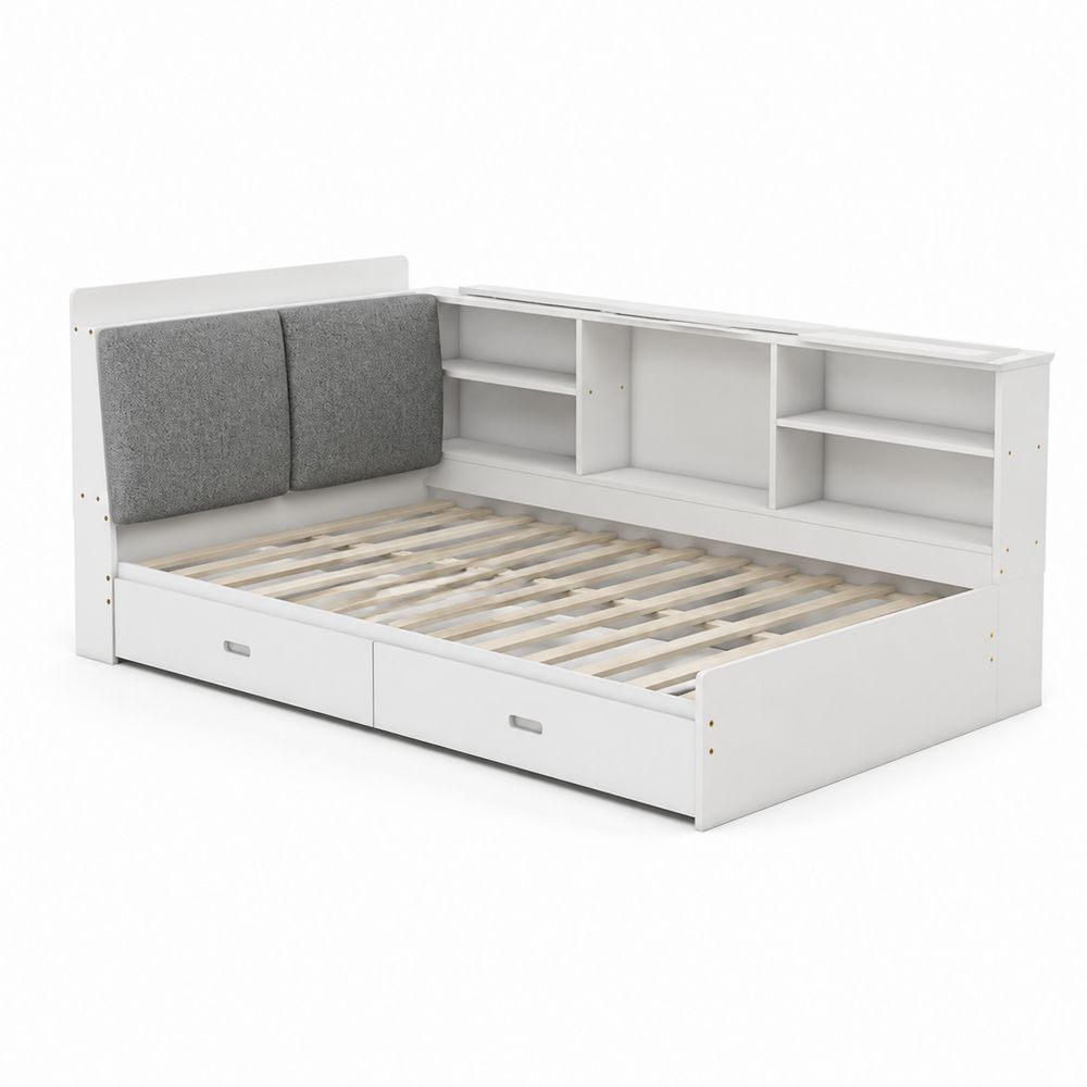 Holzbett mit Stauraum und Regal 200x90 cm Weiß Grau