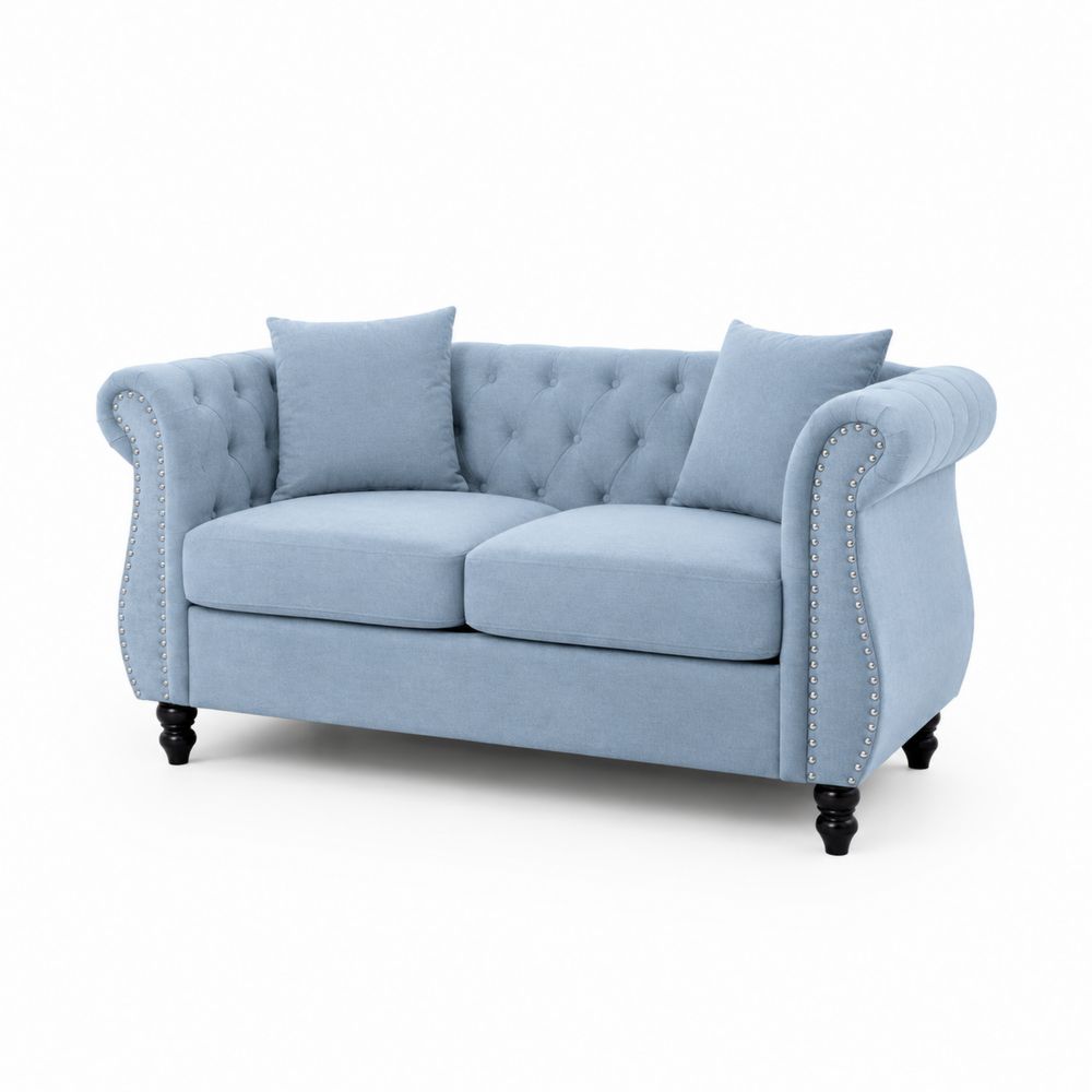 Sofa Dwuosobowa Chesterfield Pluszowa Niebieska