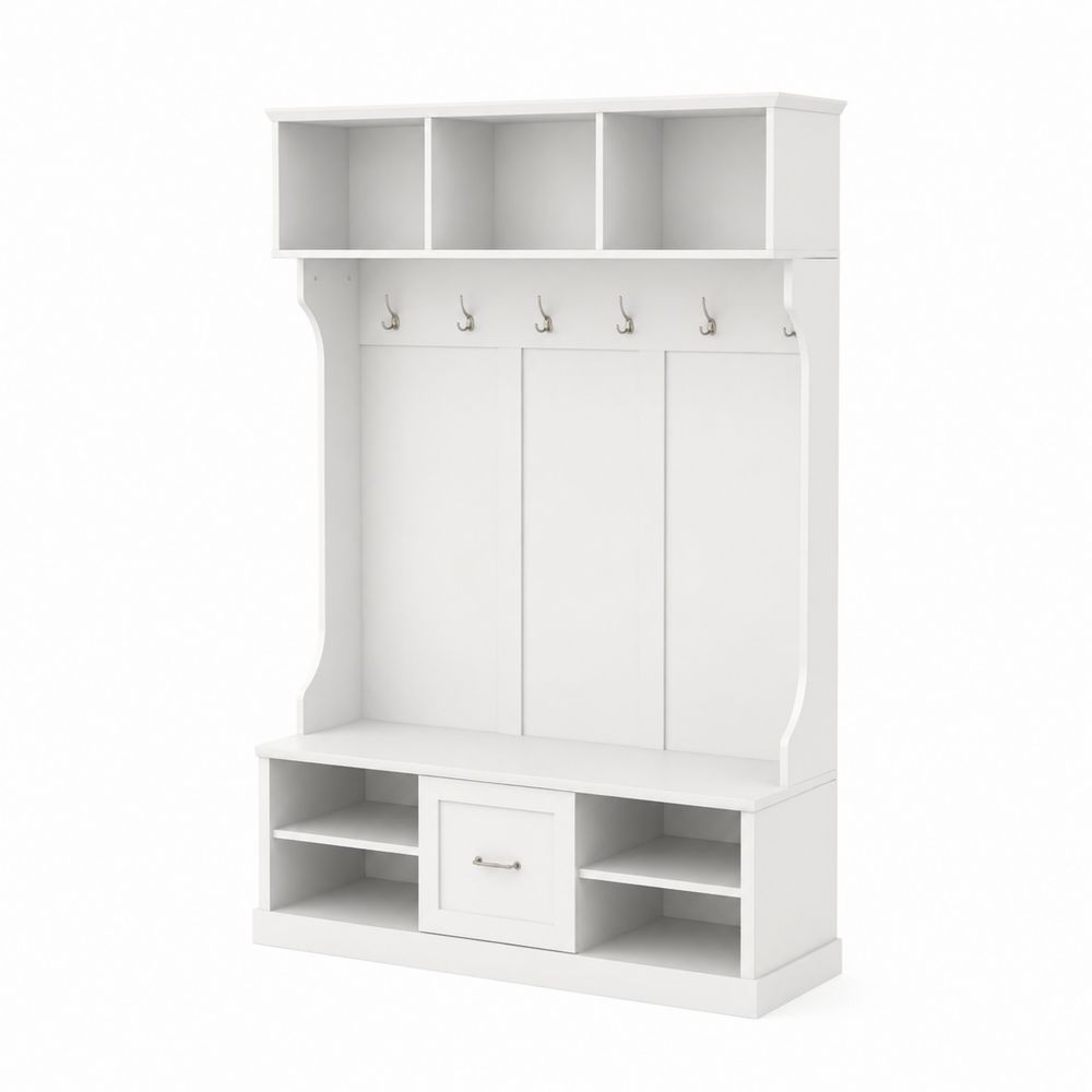 Biała drewniana szafka na buty z wieszakami 200x90x35 cm