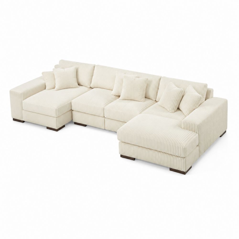 Sofa modułowa narożna z tkaniny sztruksowej bawełnianej kremowy 300cm