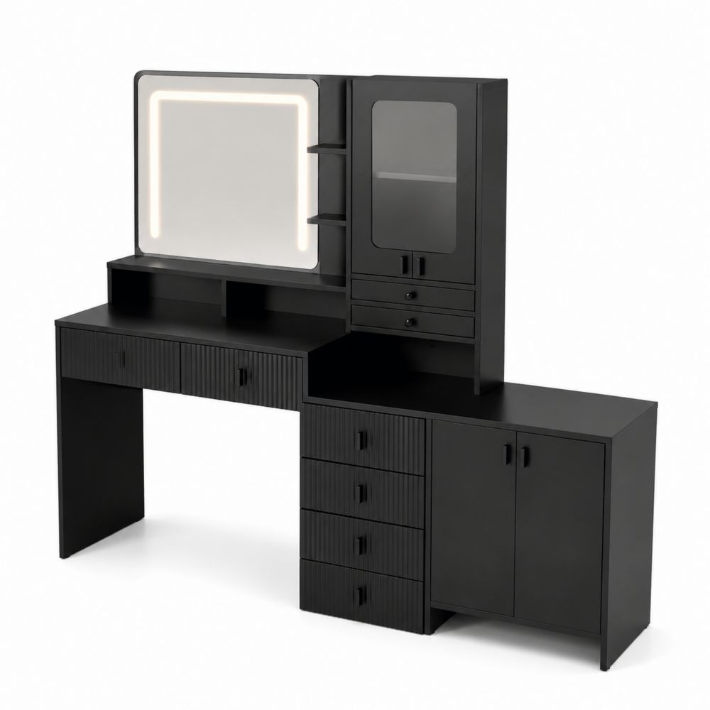 Toaletka z lustrem LED, czarna MDF i stal