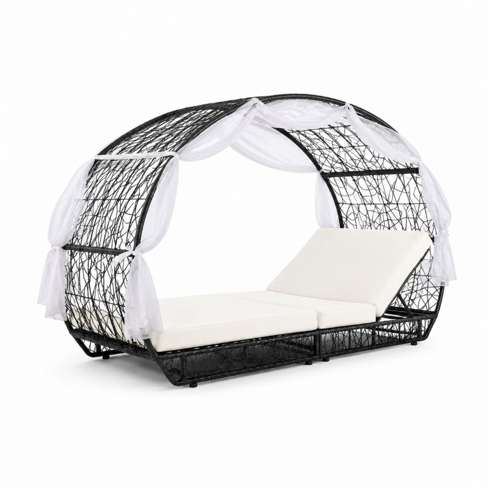 Łóżko ogrodowe z wikliny z baldachimem czarne/białe