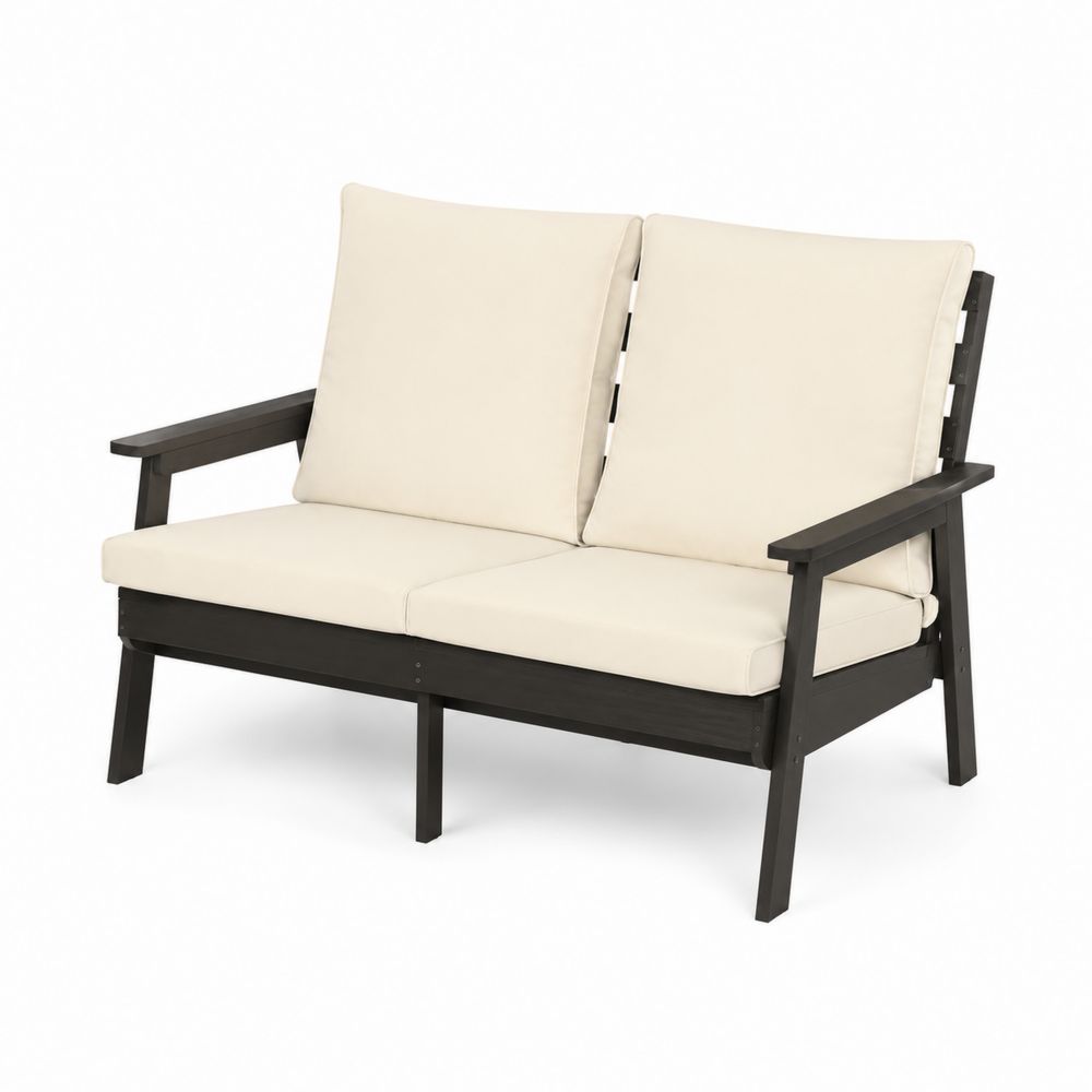 Drewniana sofa z poduszkami, 128 cm, Kremowa i Czarna