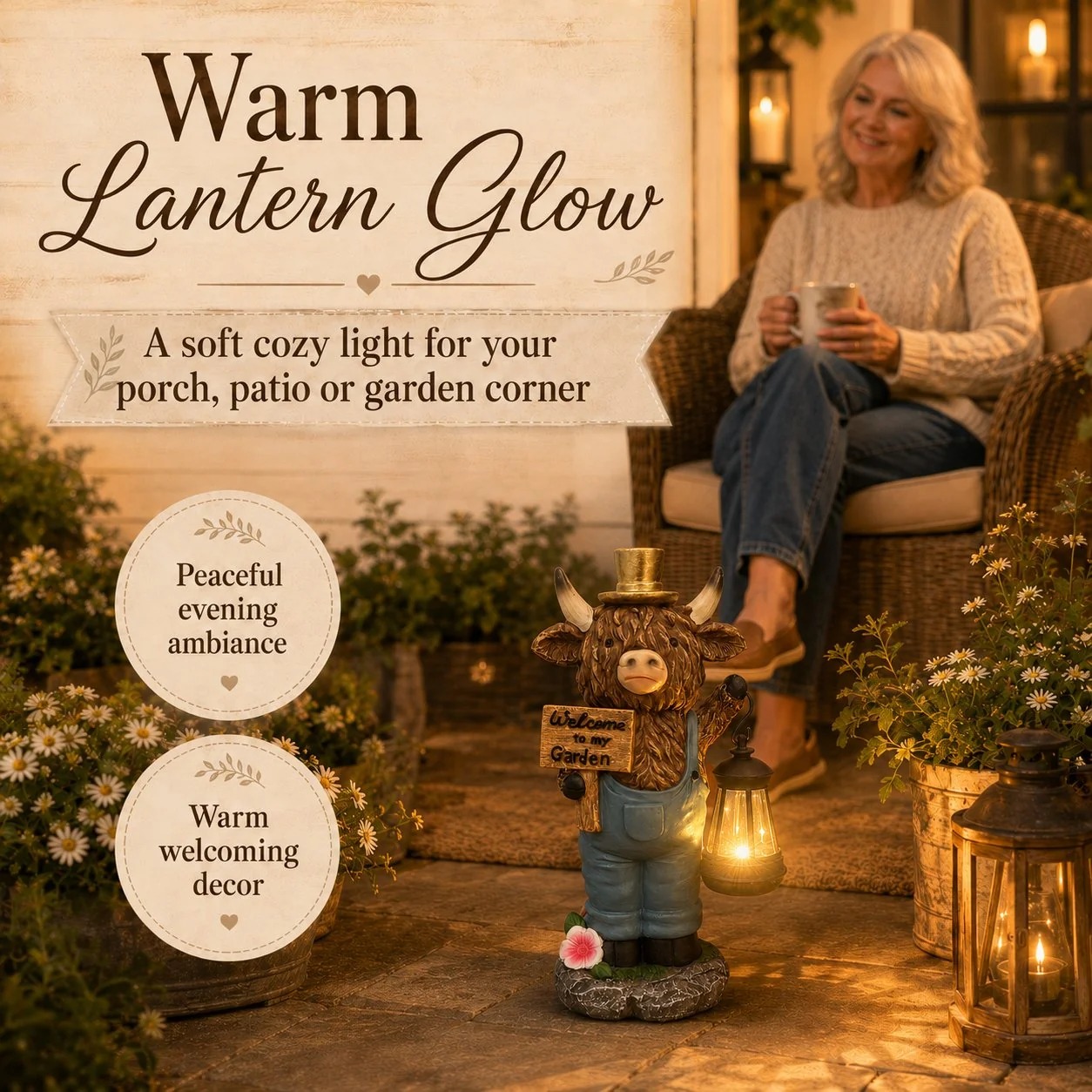 Handcrafted Highland Cow Solar Garden Lantern Statue