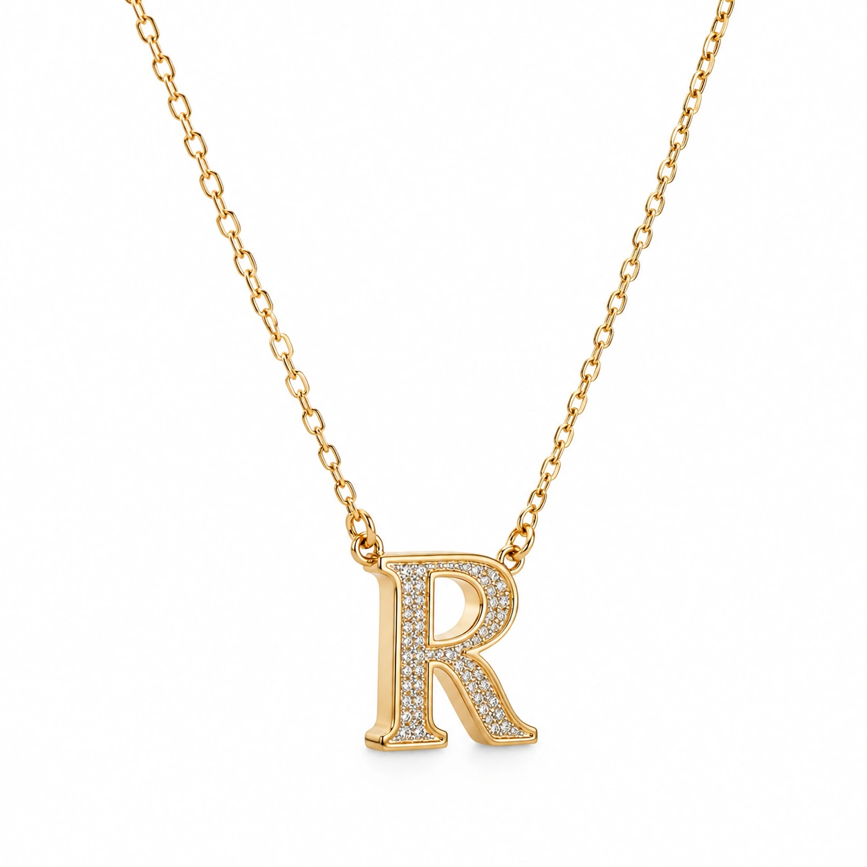 Goldene Halskette mit funkelndem Buchstabenanhänger 'R'-ecolivio