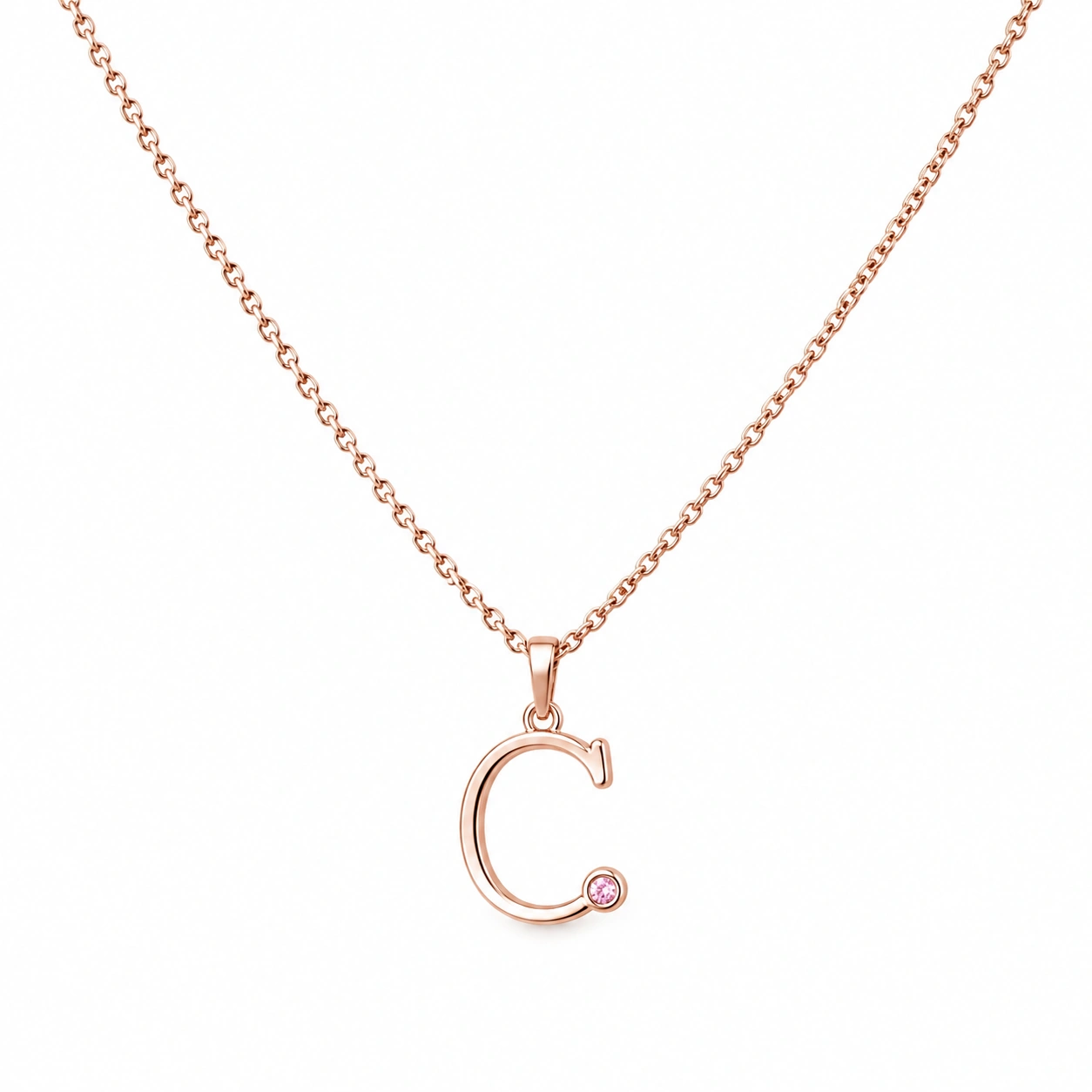 Roségold Halskette mit Buchstabenanhänger C und rosa Kristall-ecolivio