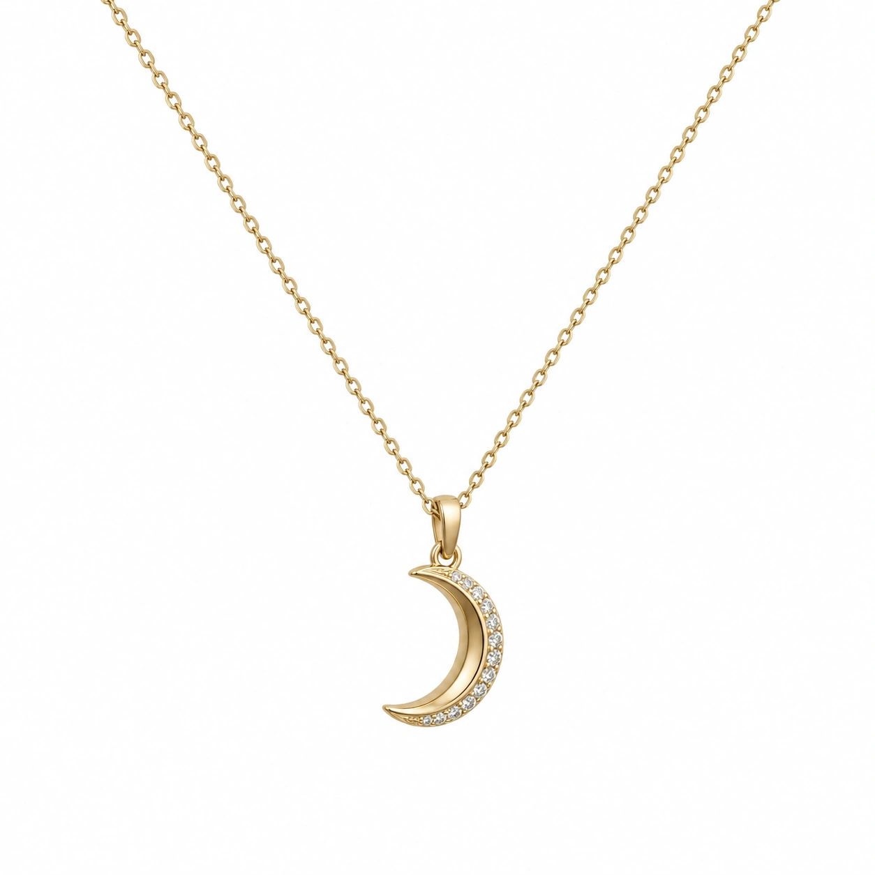 Goldene Halskette mit Halbmond-Anhänger und Kristallsteinen-ecolivio