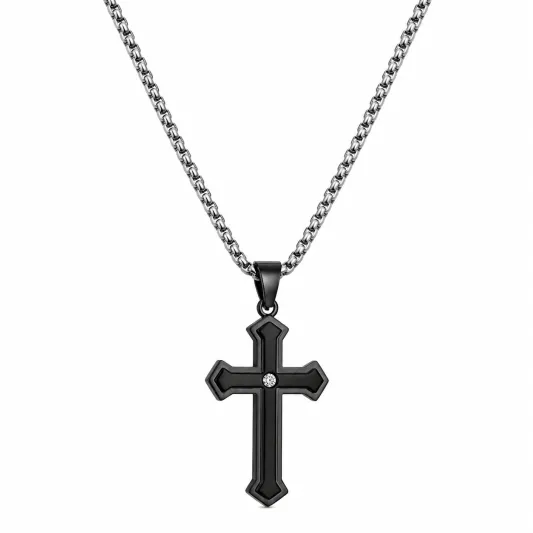 Schwarze Kreuzanhänger Halskette mit Zirkonia-ecolivio