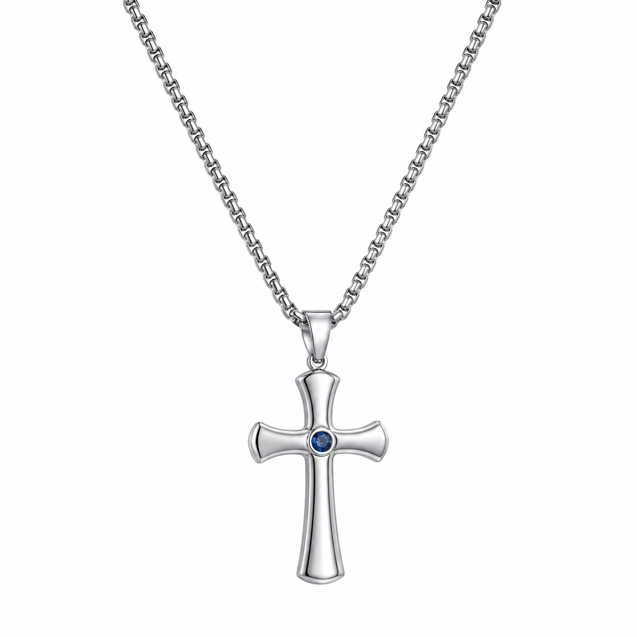 Silber Kreuz Anhänger Halskette mit Blauem Stein-ecolivio