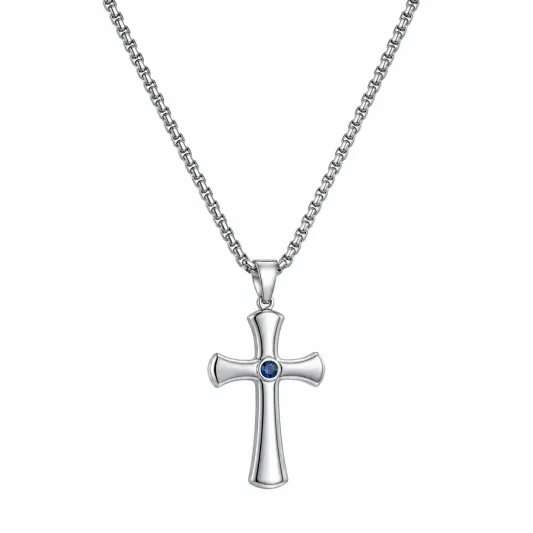 Silber Kreuz Anhänger Halskette mit Blauem Stein-ecolivio